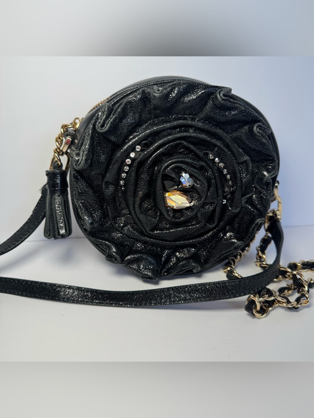Vincis Bench Vintage Black 3D Leather Rose Evening Bag Crossbody Crystal Tassel